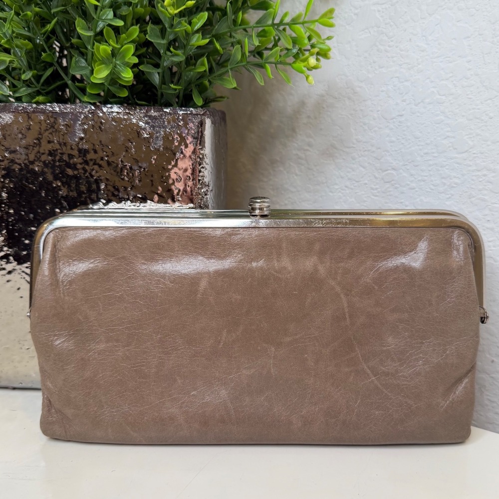 Hobo Lauren Wallet Womens Taupe‎ Leather Kiss Lock Double Clutch Boho Earthy